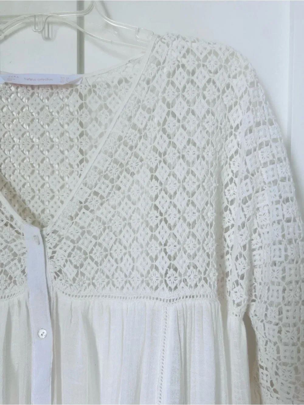 Zara 100% Cotton Cream Crochet BohoTunic Flowy Bell Sleeve Cottagecore Blouse XS - Picture 8 of 13